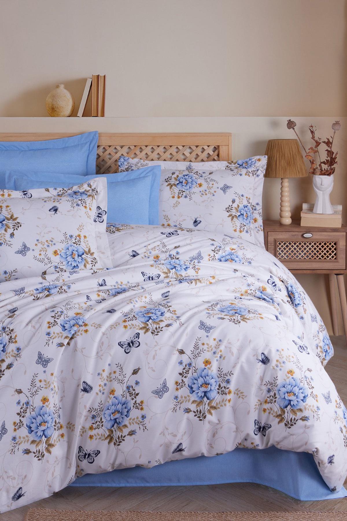 Çift Kişilik Nevresim Takımı Pamuklu Mavi Kelebek