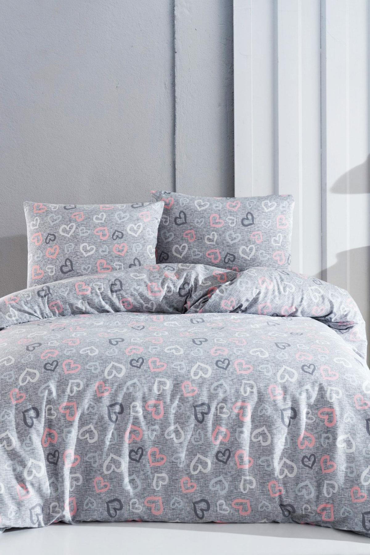 Çift Kişilik Nevresim Takımı Pamuklu Romantik Gri