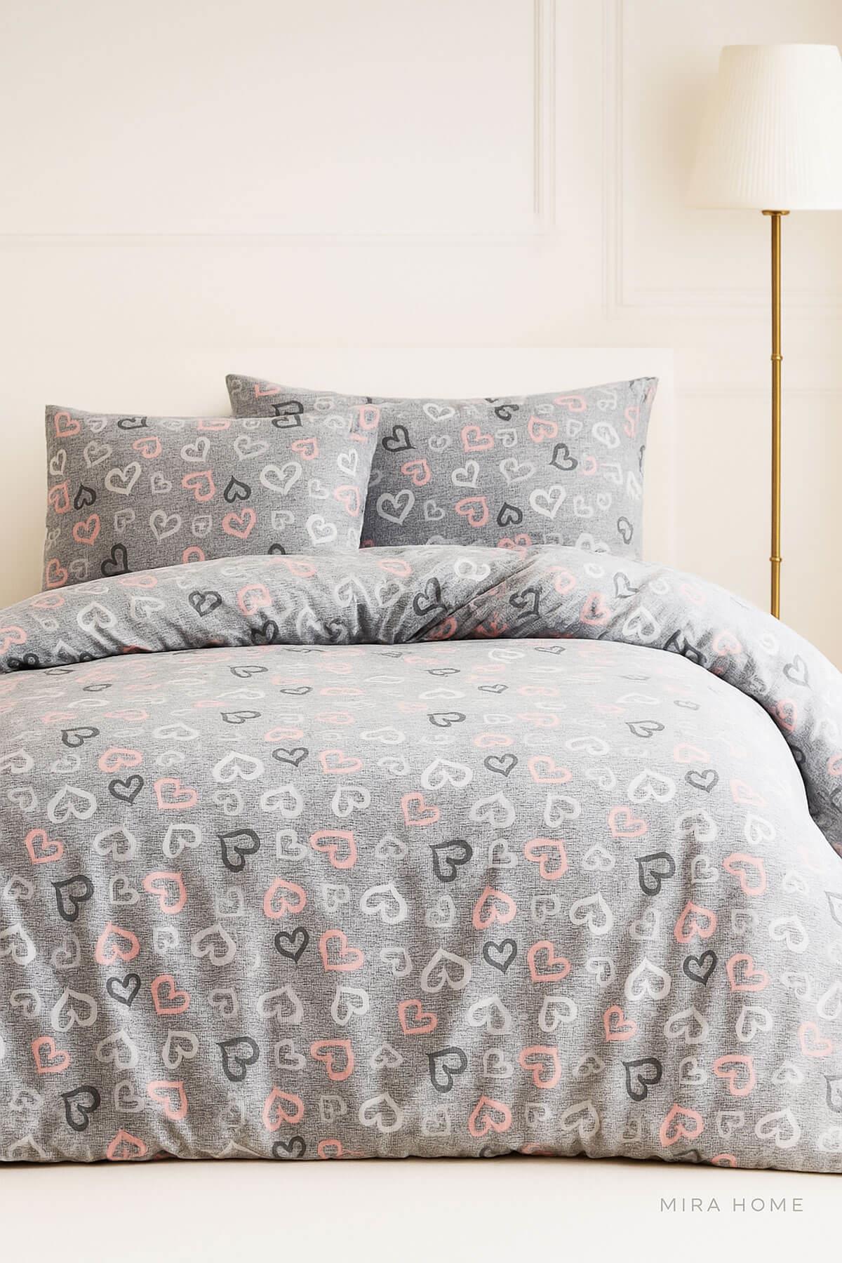 Çift Kişilik Nevresim Takımı Pamuklu Romantik Gri