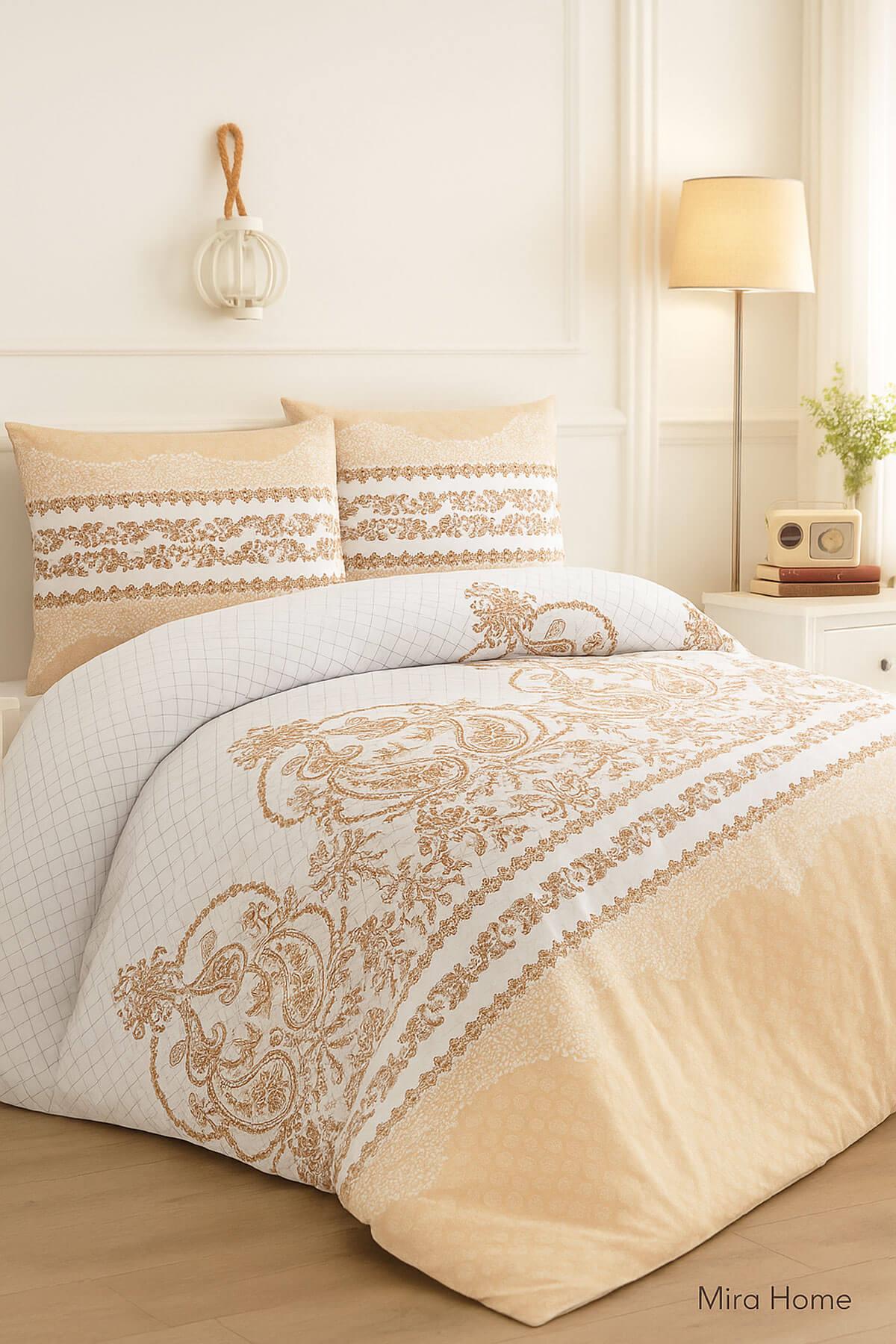 Çift Kişilik Pamuklu Nevresim Takımı Sarmaşık Bej