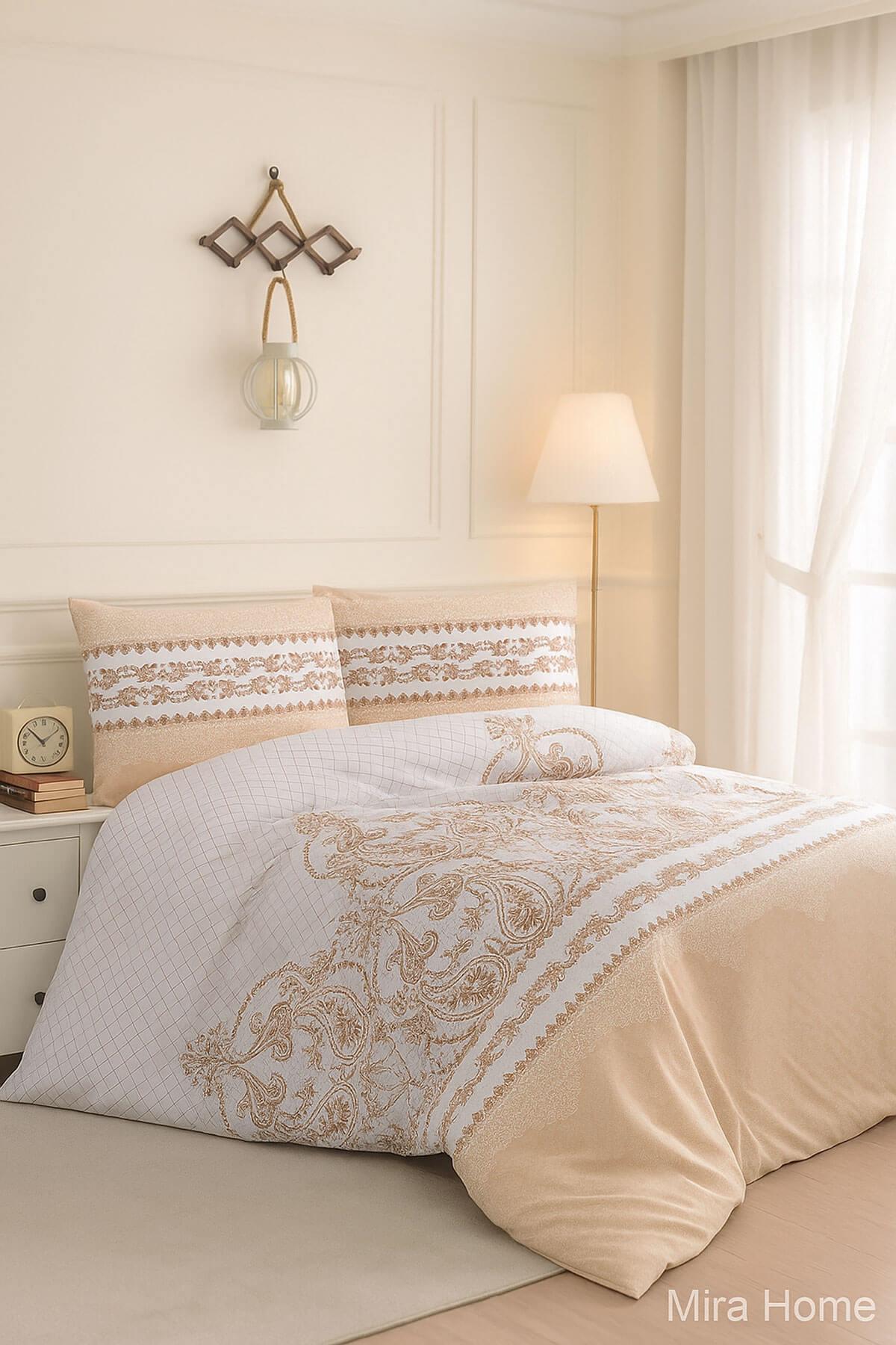 Çift Kişilik Pamuklu Nevresim Takımı Sarmaşık Bej