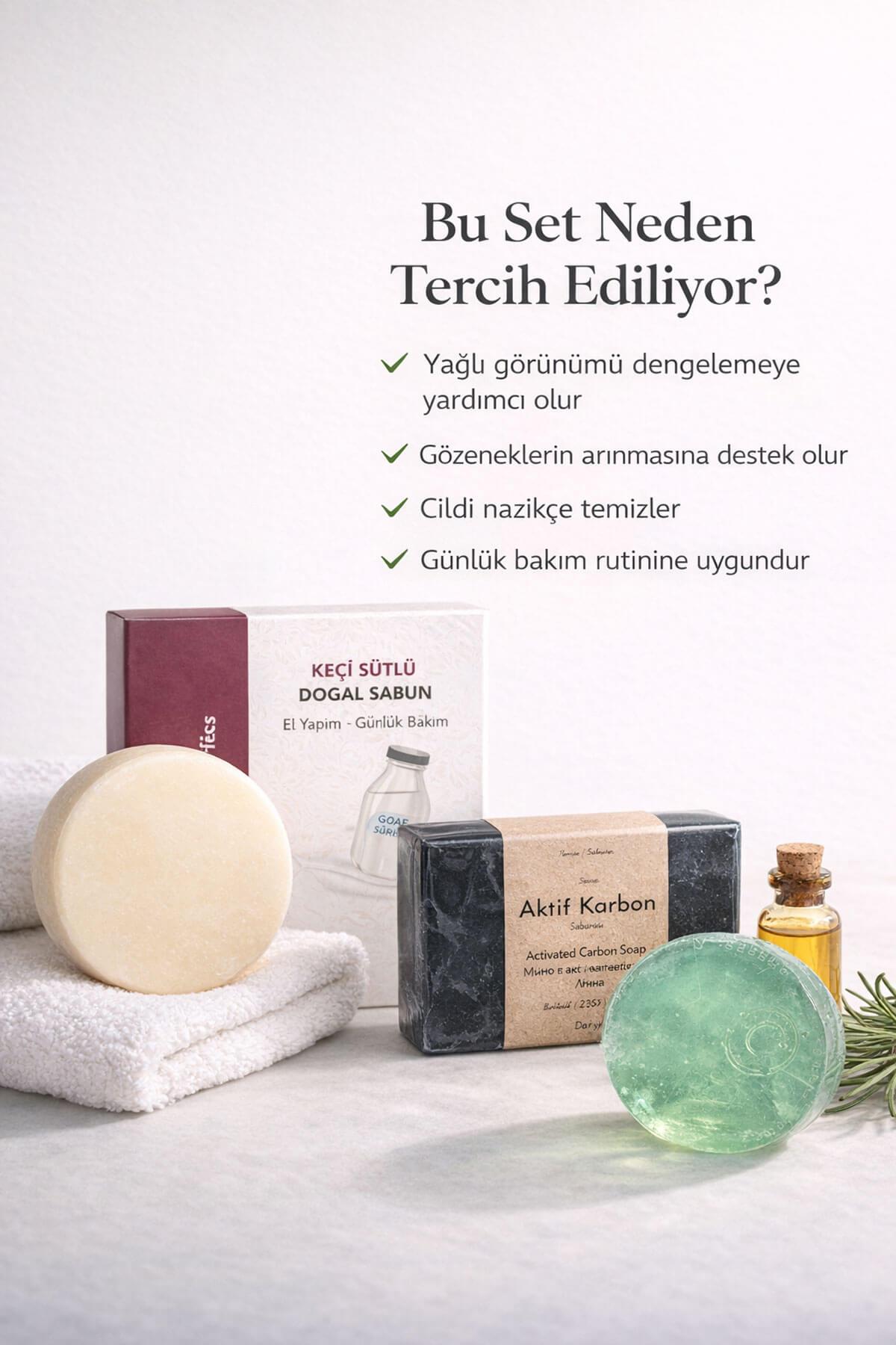 Doğal Sabun Seti 3’lü Bakım Paketi Aktif Karbon /Çay Ağacı /Keçi Sütlü