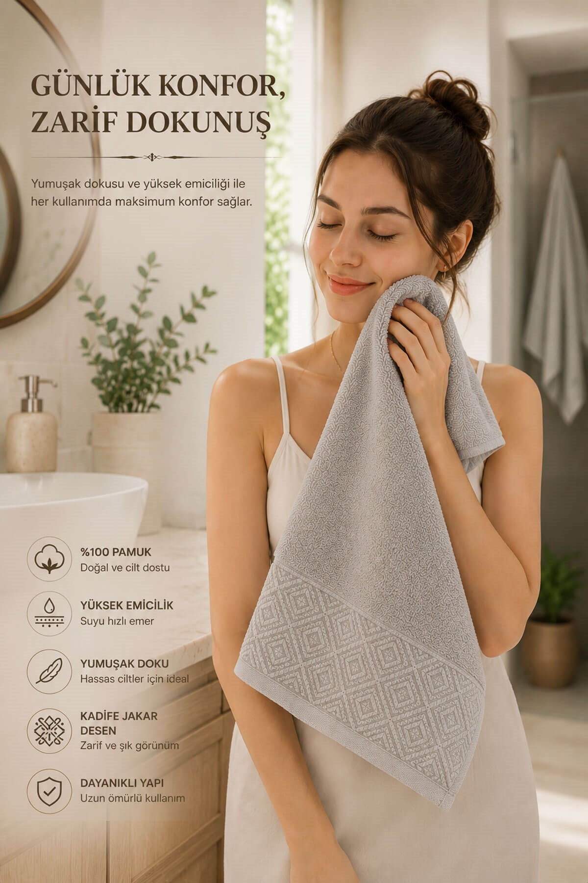 El Yüz Havlusu 50x90 cm %100 Pamuk Kısmi Kadife Jakar Nova Collection
