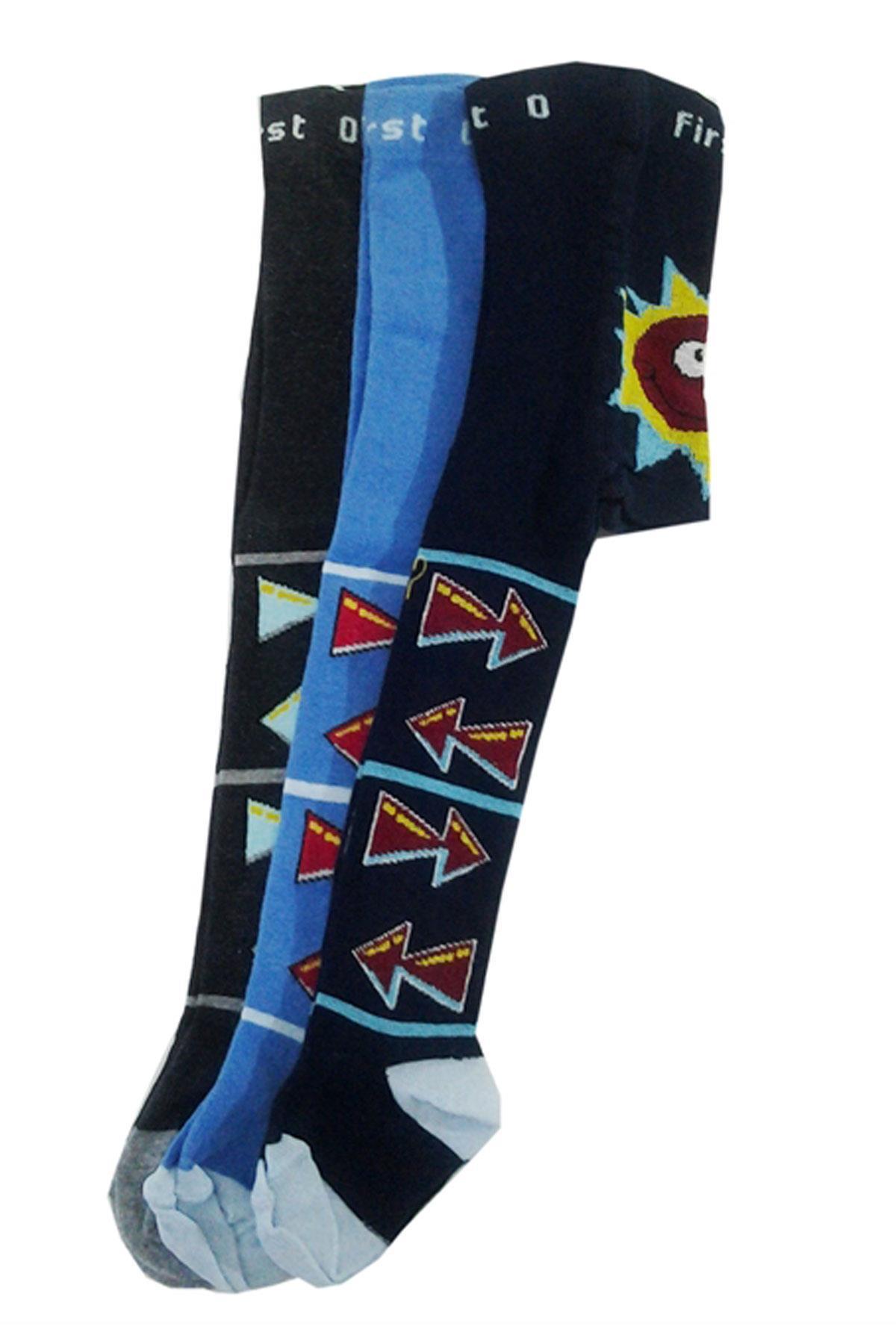 Erkek Bebek Çocuk Renkli Desenli Külotlu Çorap 3 lü Paket