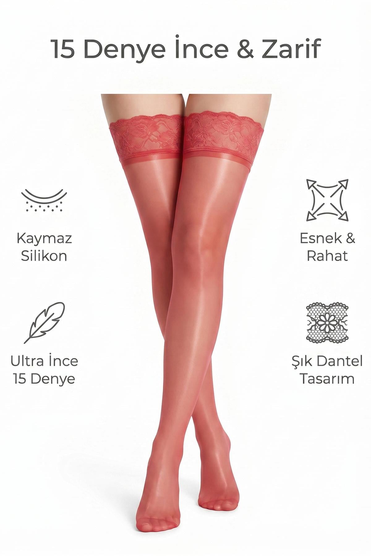 Kadın Jartiyer Çorabı Silikonlu Dantelli 15den Dizüstü Kaymaz