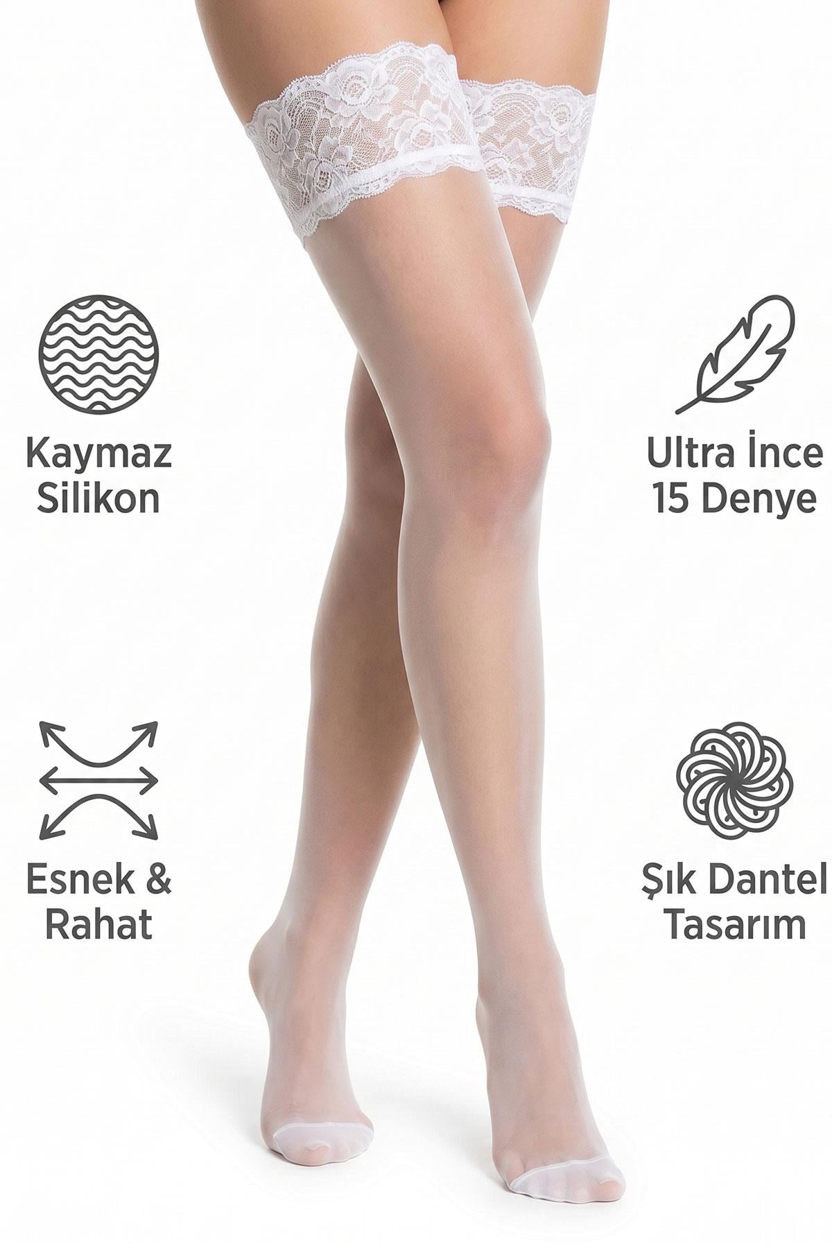 Kadın Jartiyer Çorabı Silikonlu Dantelli 15den Dizüstü Kaymaz