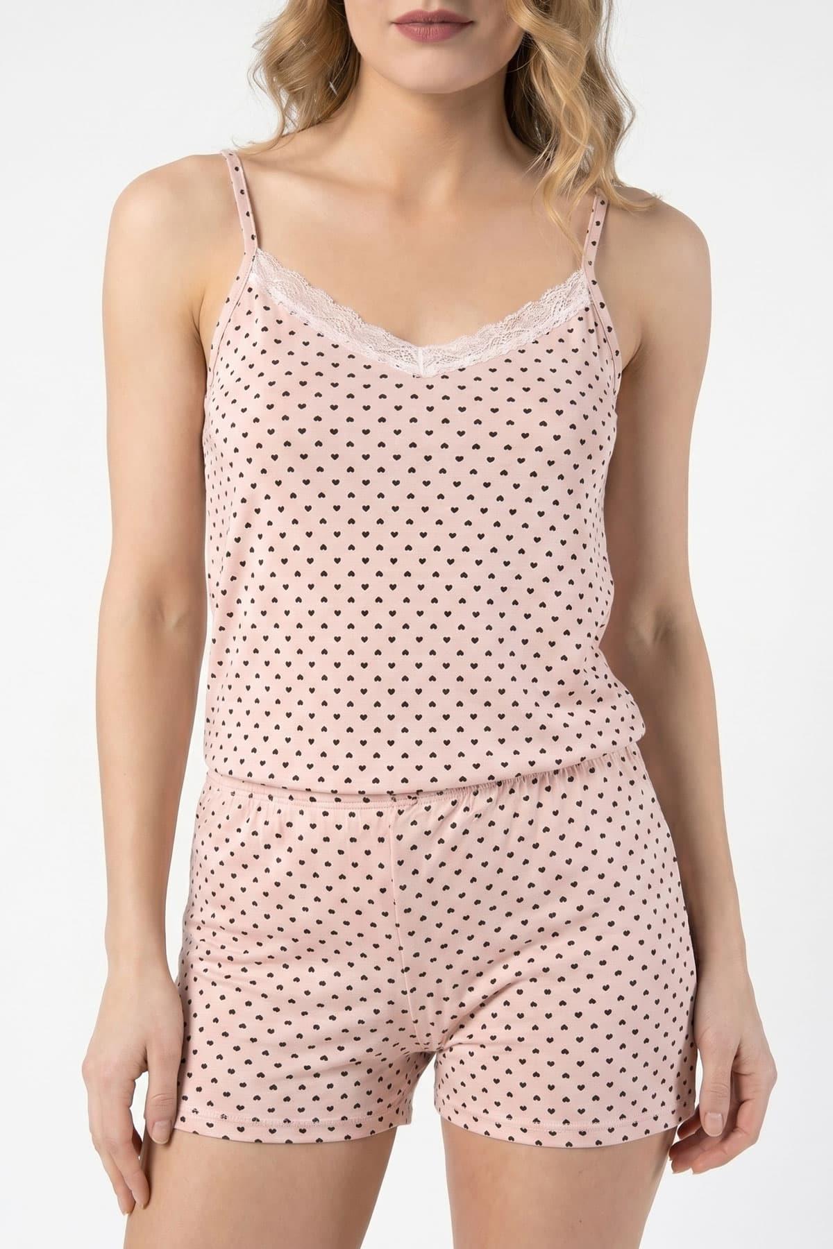 Kadın Kalpli İp Askılı Şortlu Tulum Pijama Viskon Tek Parça Esnek