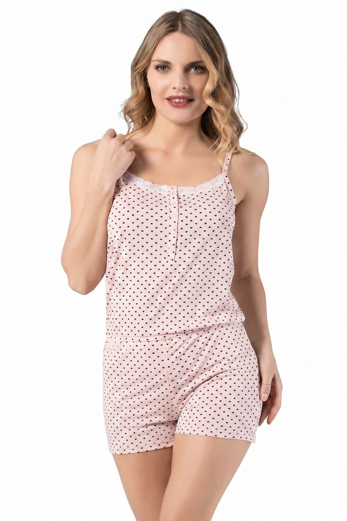 Kadın Kalpli İp Askılı Şortlu Tulum Pijama Viskon Tek Parça Esnek