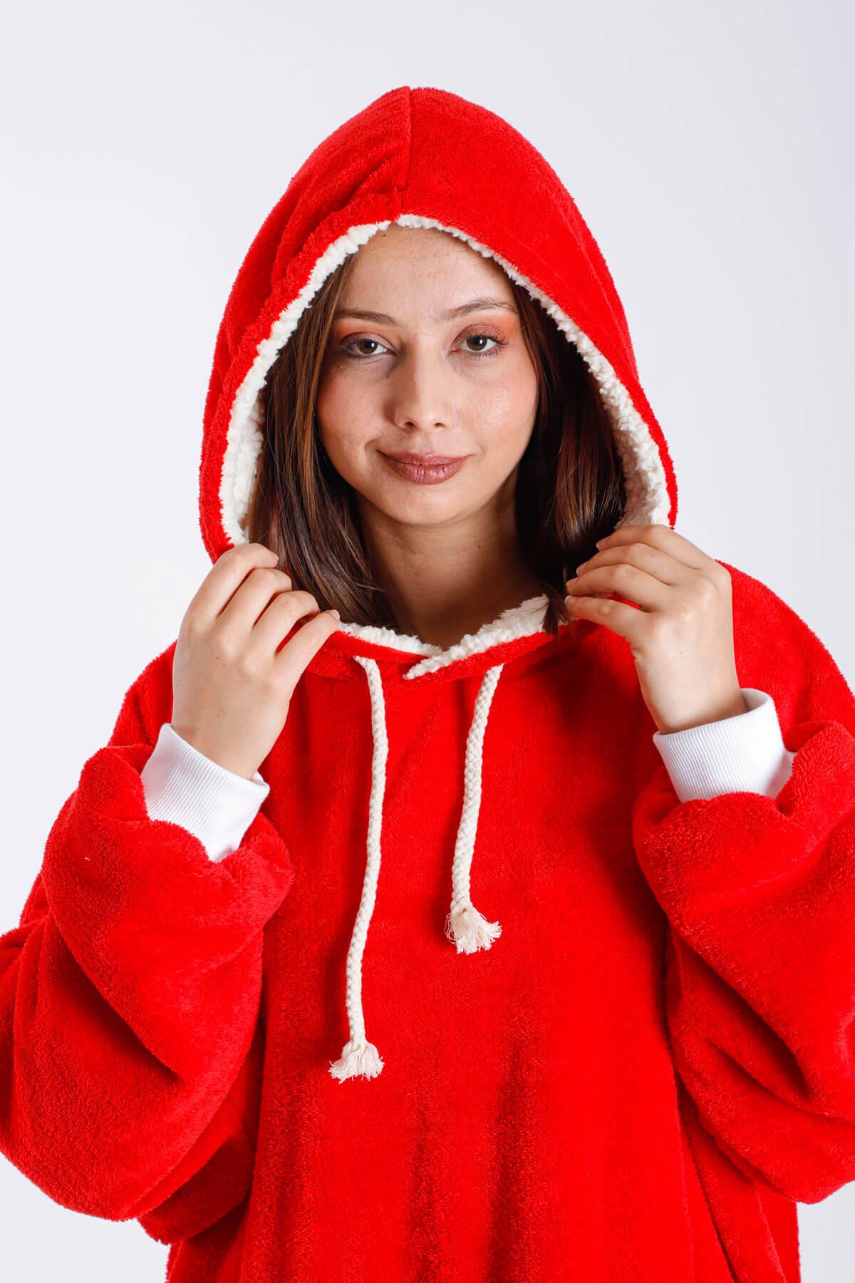 Kadın Sıcak Giyilebilir Battaniye Welsoft Cepli İçi Kuzu Peluş Kapşonlu Kış Pijaması