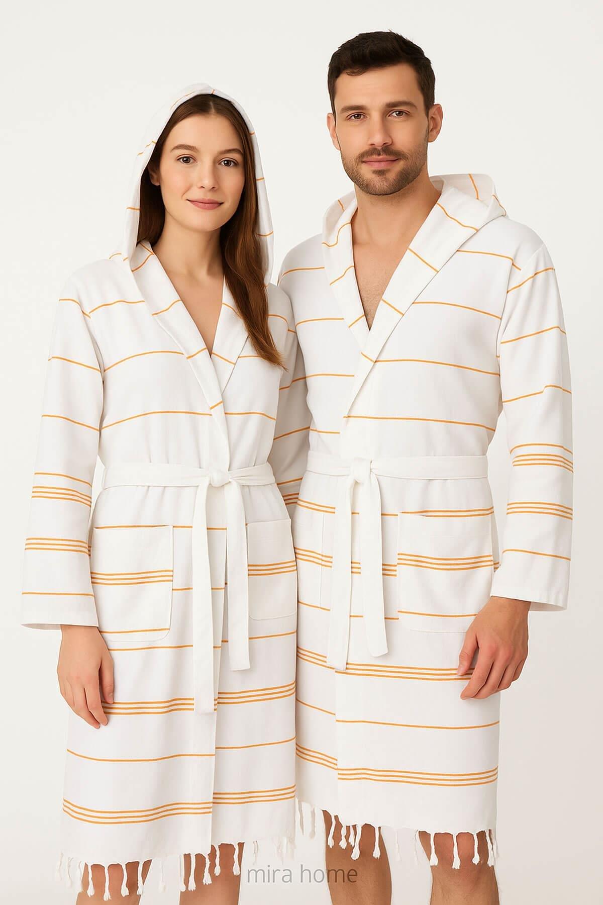 Kapşonlu Unisex Beyaz Çizgili Banyo Deniz Plaj Peştemal Bornozu %100 Pamuklu
