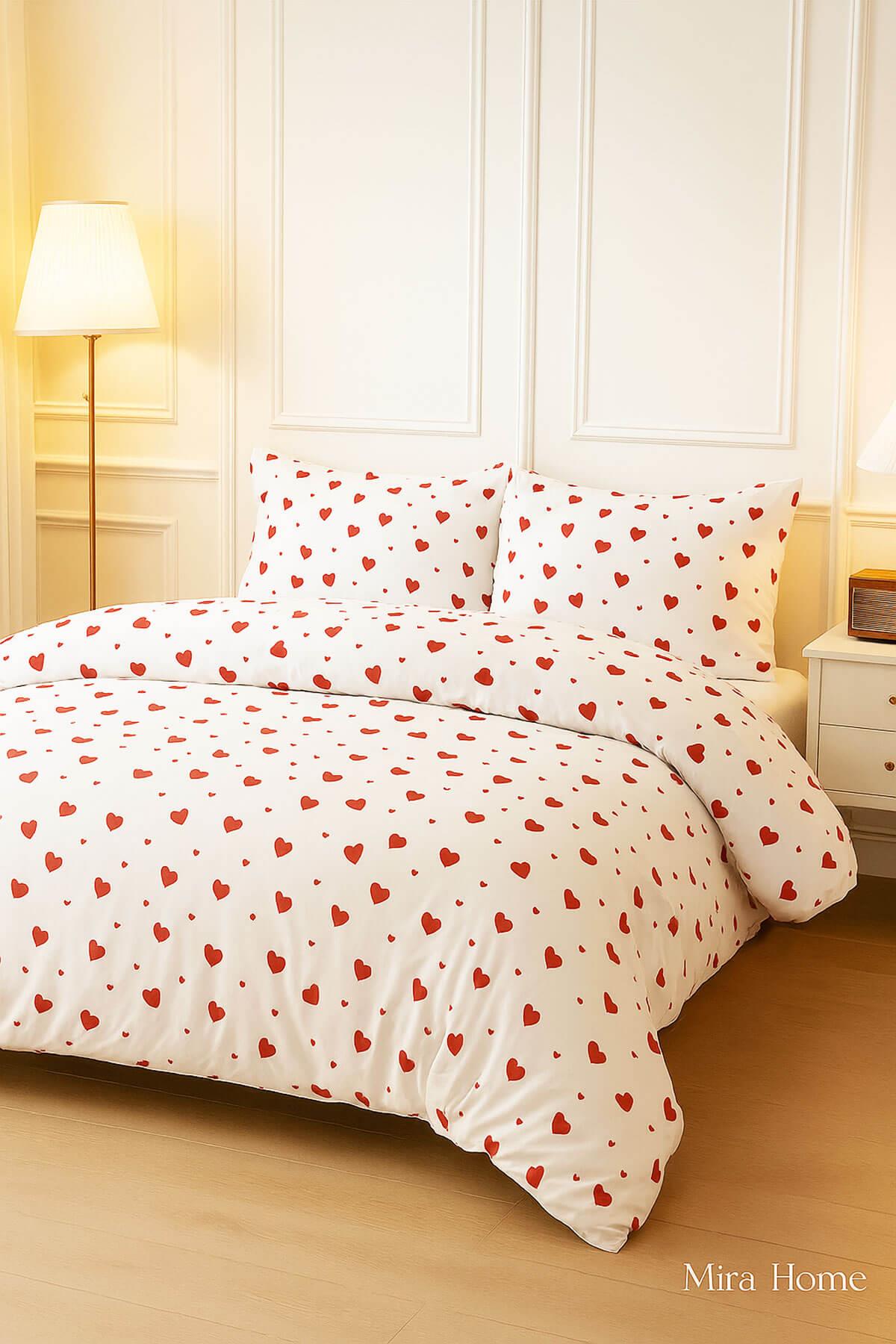 Kırmızı Kalpli Çift Kişilik Nevresim Takımı Pamuklu 160x200 Cm
