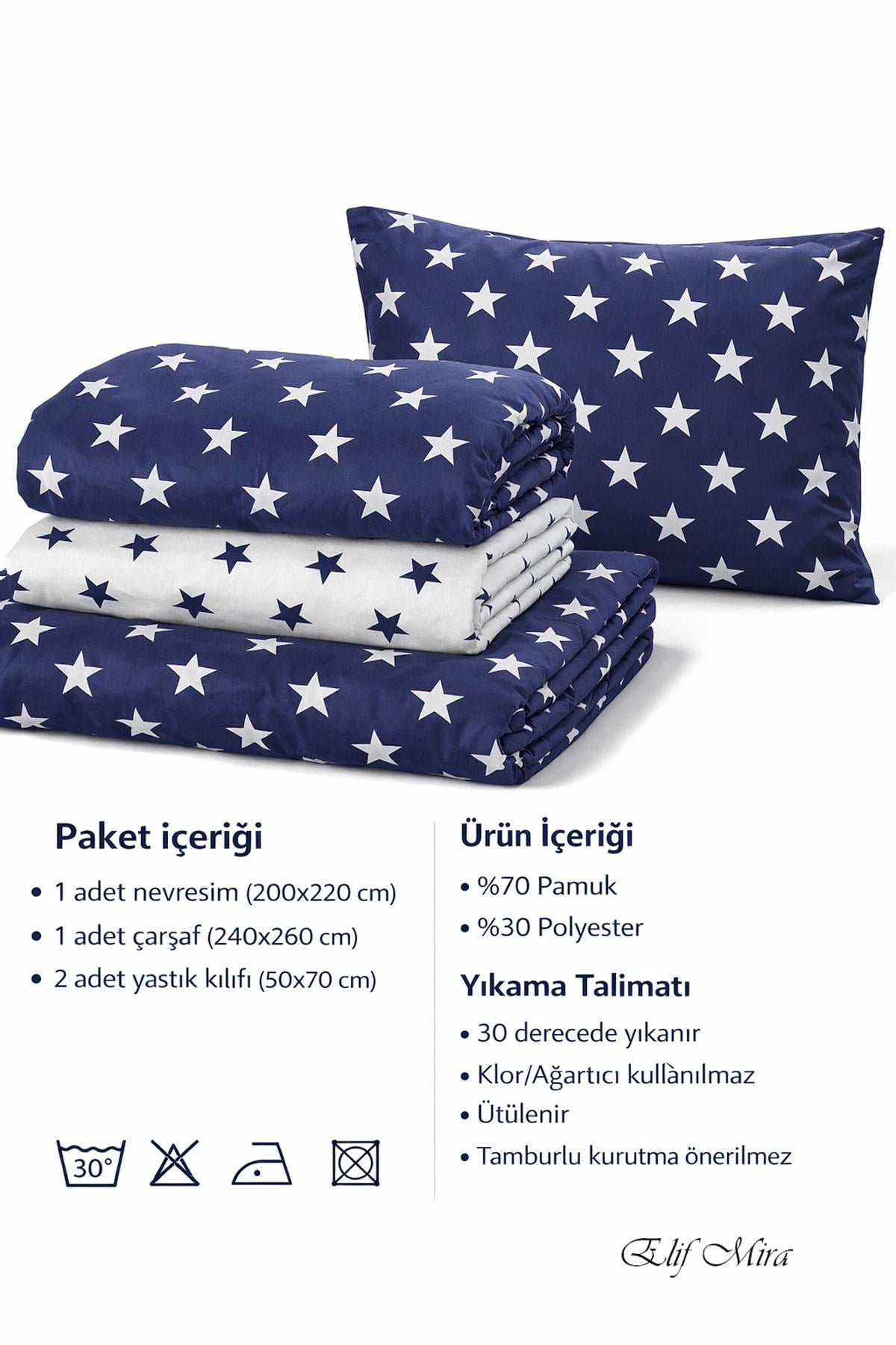 Lüks Çift Kişilik Nevresim Takımı Lacivert Yıldız Desenli Pamuklu Set Sky