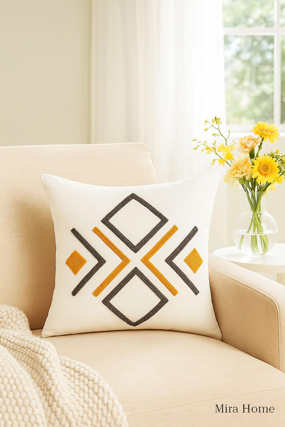 Mira Home Dekoratif Punch Kare Nakışlı Kırlent Kılıfı