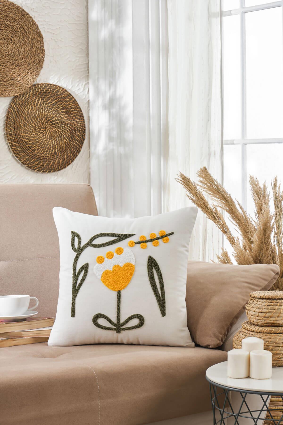 Mira Home Dekoratif Punch Sarı Lale Nakışlı Kırlent Kılıfı