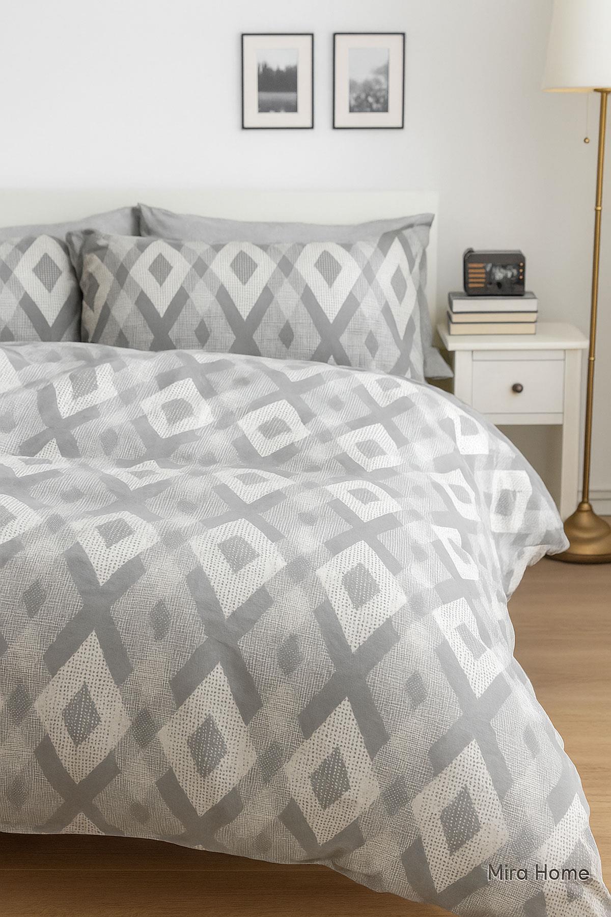 Mira Home İç İçe Baklava Desen Gri Pamuklu  Nevresim Takımı