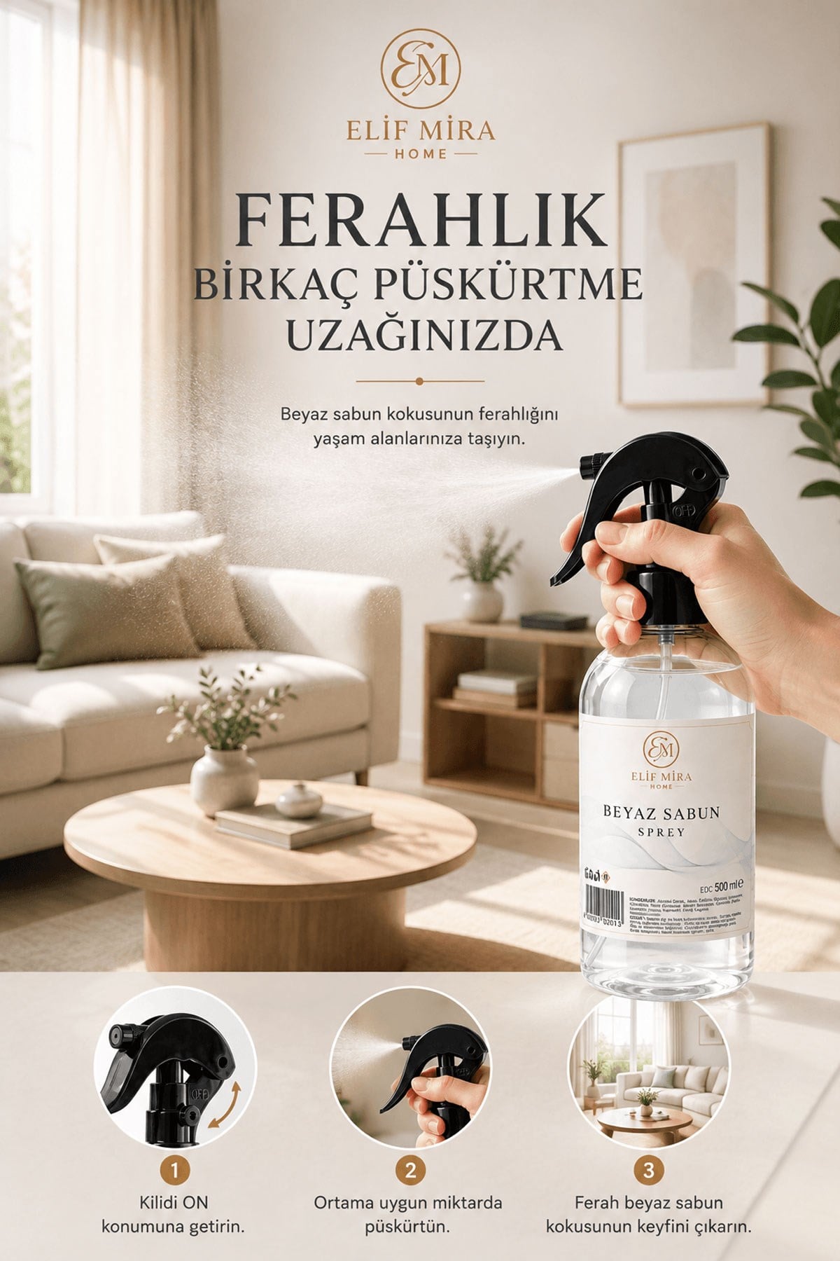 Oda Kokusu Sprey Beyaz Sabun Kalıcı Oda Parfümü 500 ml