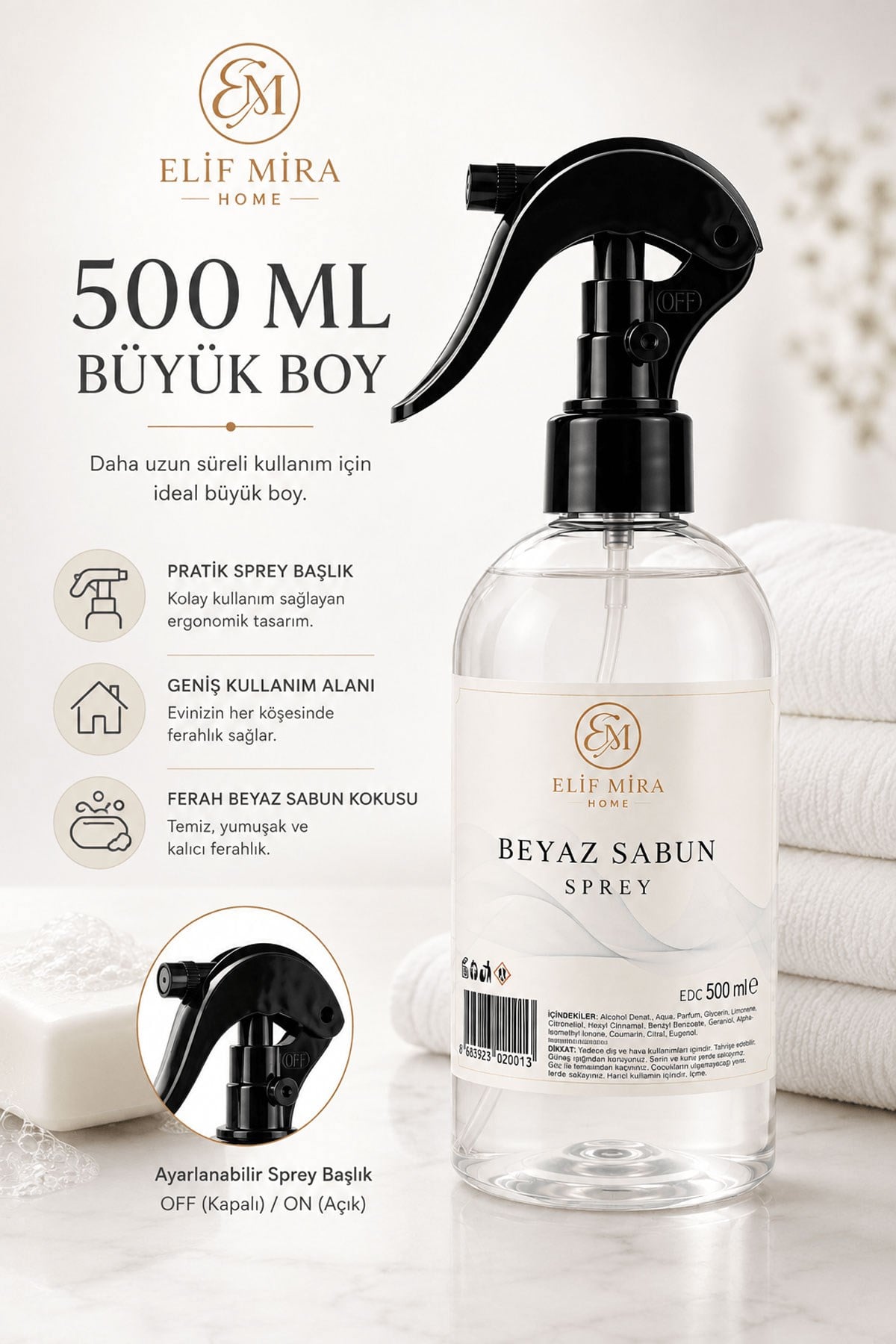 Oda Kokusu Sprey Beyaz Sabun Kalıcı Oda Parfümü 500 ml