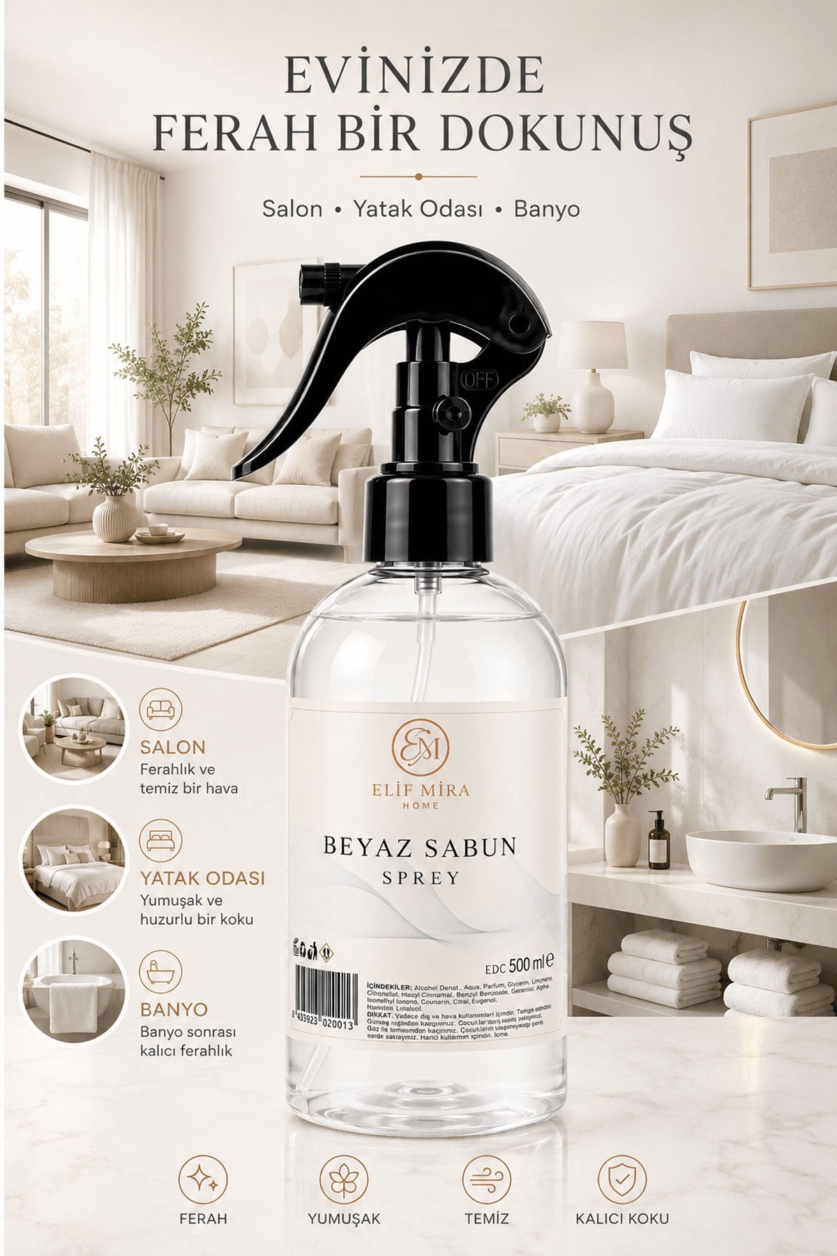 Oda Kokusu Sprey Beyaz Sabun Kalıcı Oda Parfümü 500 ml