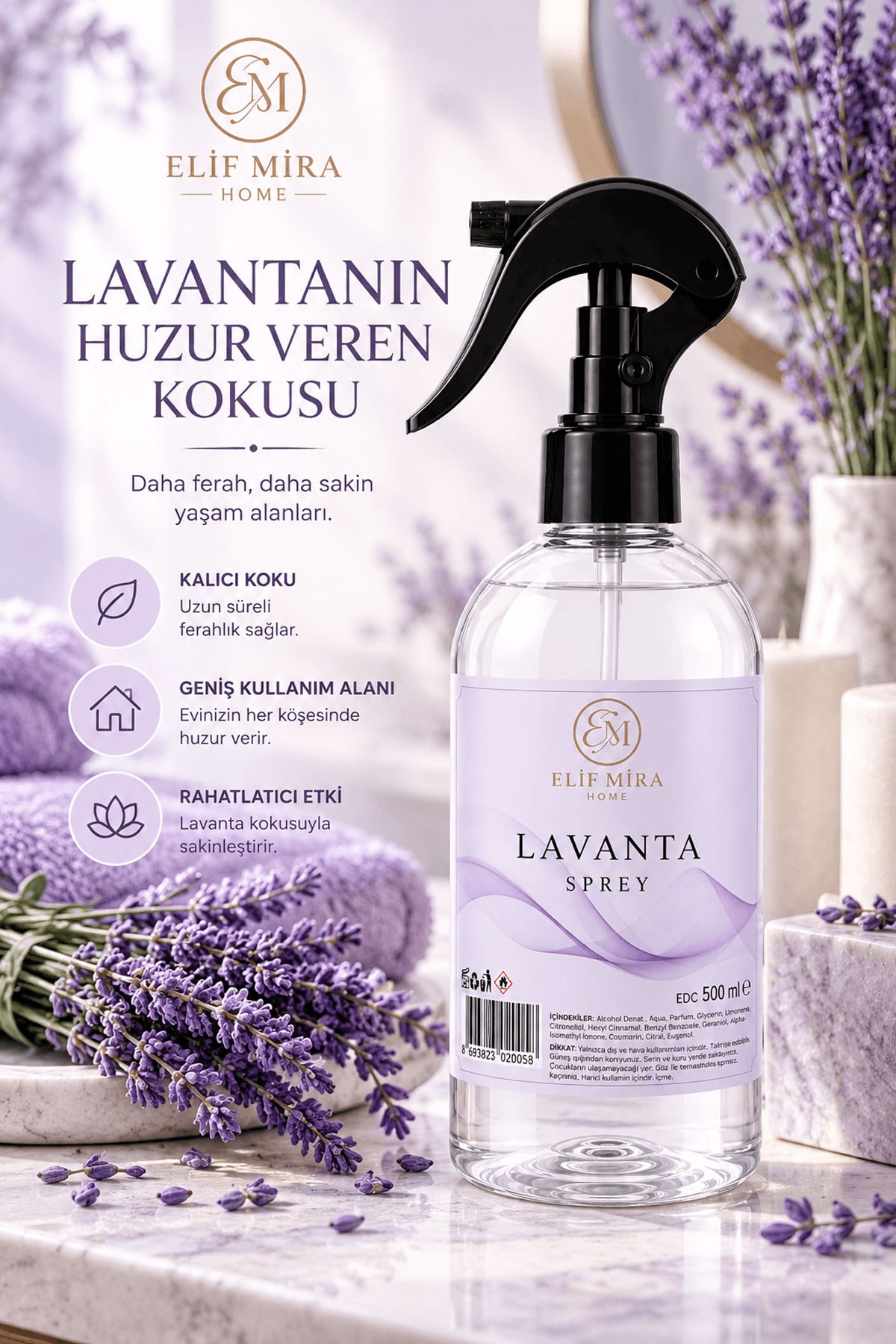 Oda Kokusu Sprey Lavanta Kalıcı Oda Parfümü 500 ml