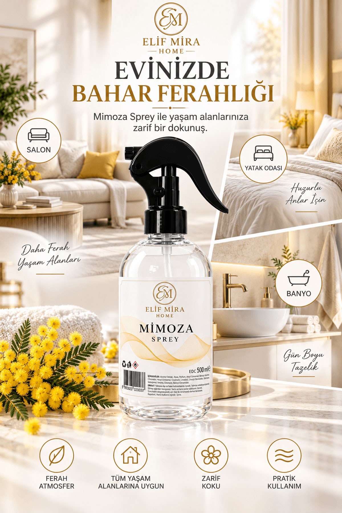 Oda Kokusu Sprey Mimoza Kalıcı Oda Parfümü 500 ml