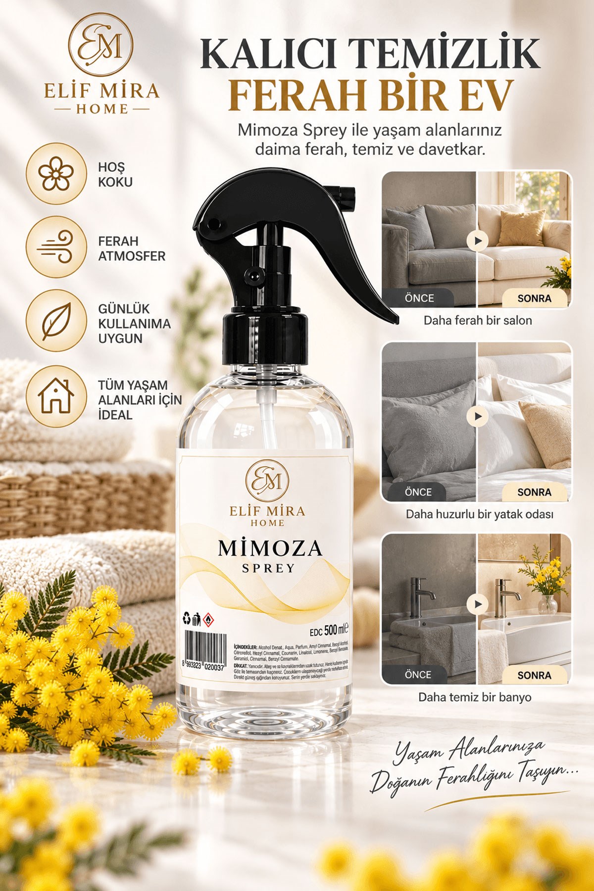 Oda Kokusu Sprey Mimoza Kalıcı Oda Parfümü 500 ml
