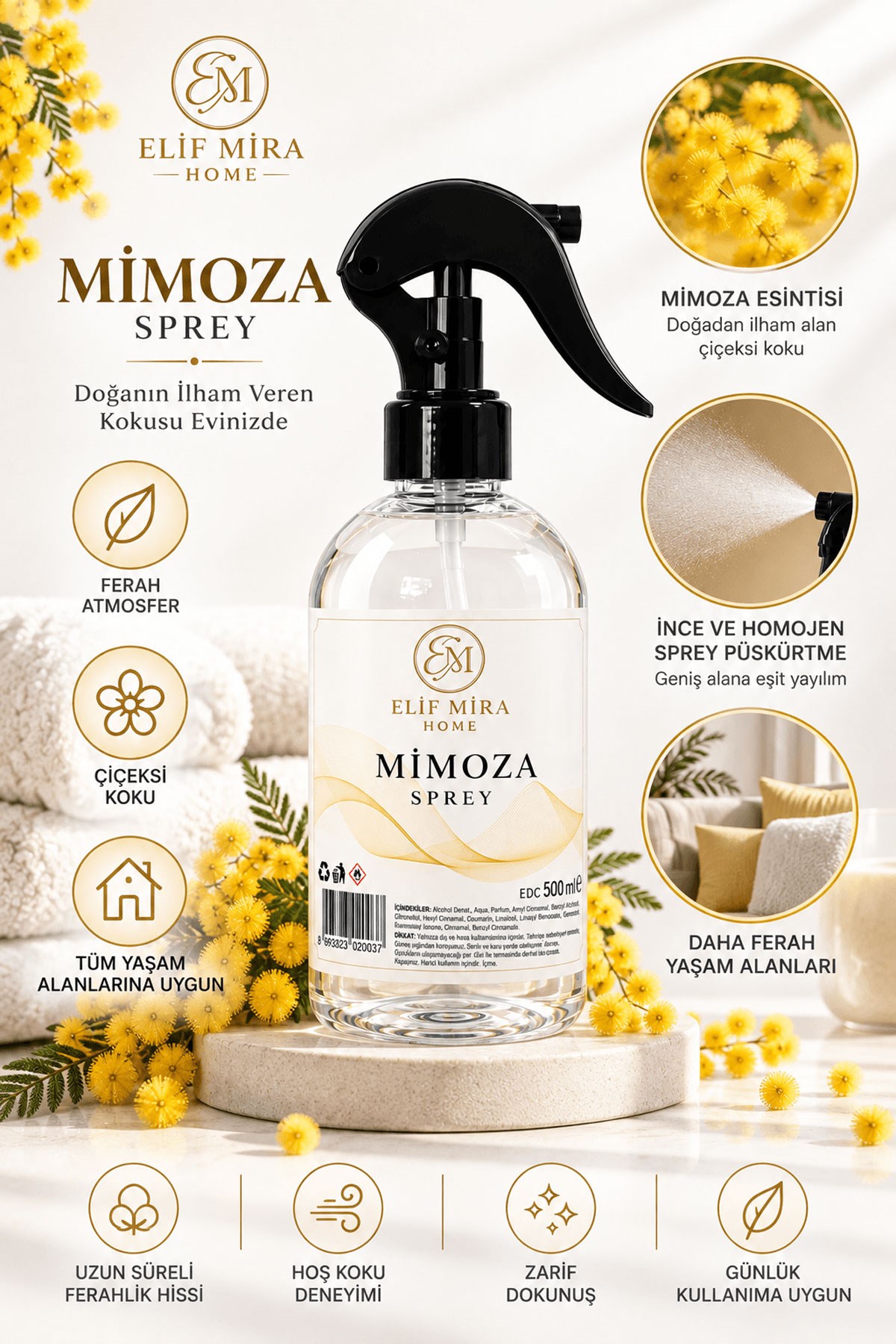 Oda Kokusu Sprey Mimoza Kalıcı Oda Parfümü 500 ml