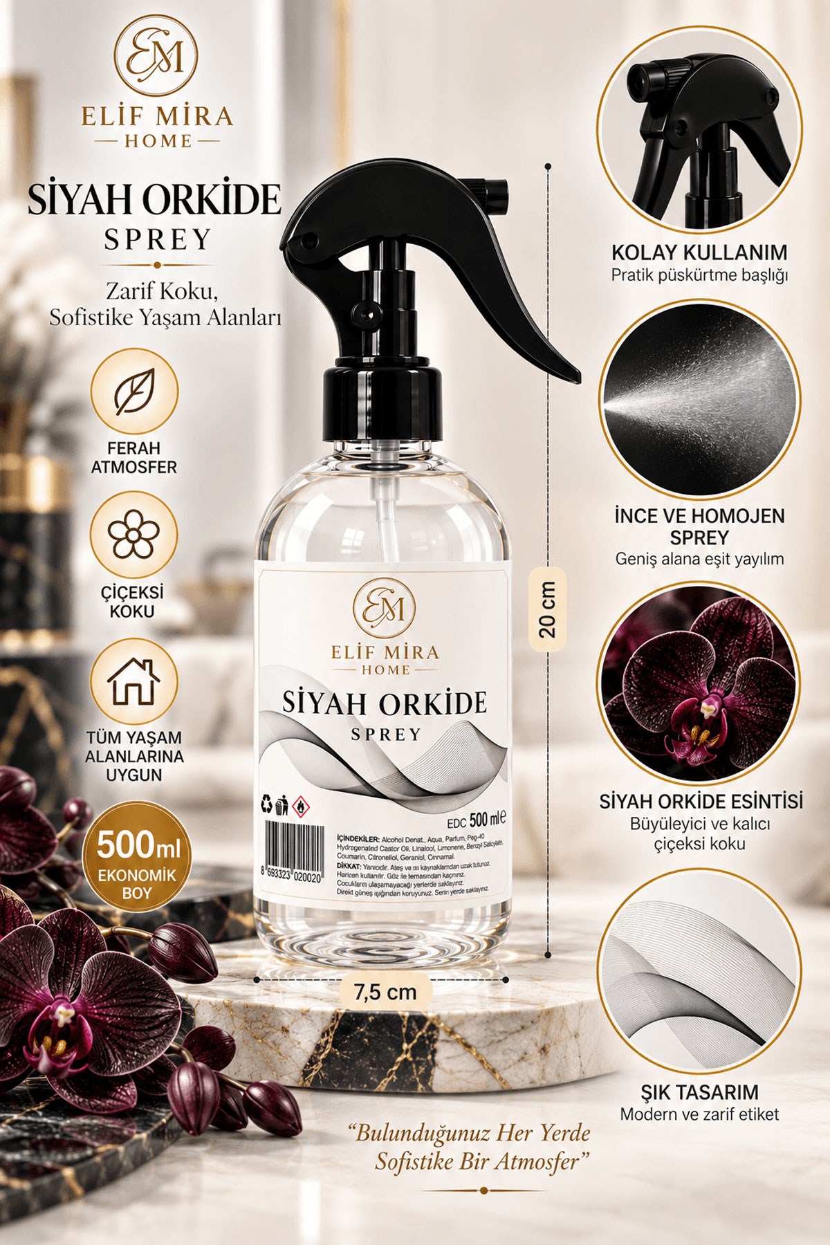 Oda Kokusu Sprey Siyah Orkide Kalıcı Oda Parfümü 500 ml