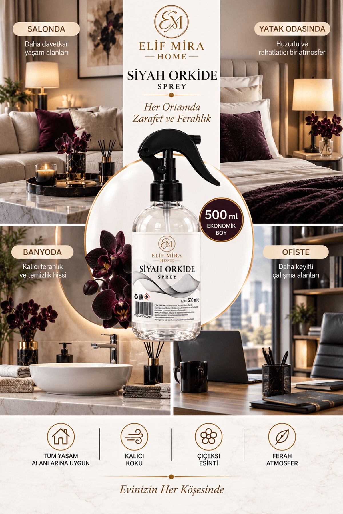Oda Kokusu Sprey Siyah Orkide Kalıcı Oda Parfümü 500 ml
