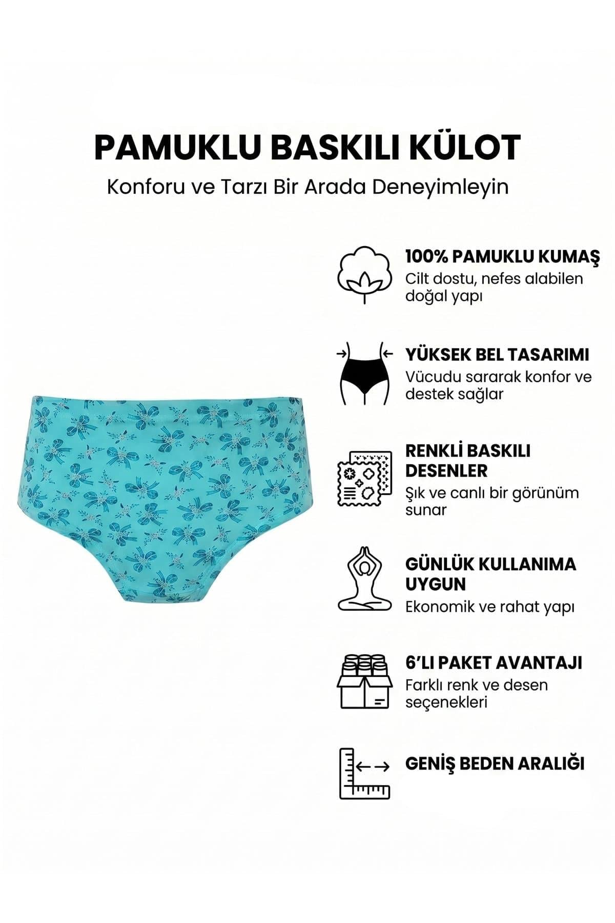 Seher İç Giyim 6lı Kadın Pamuklu Empirme Külot Yüksek Bel Bato