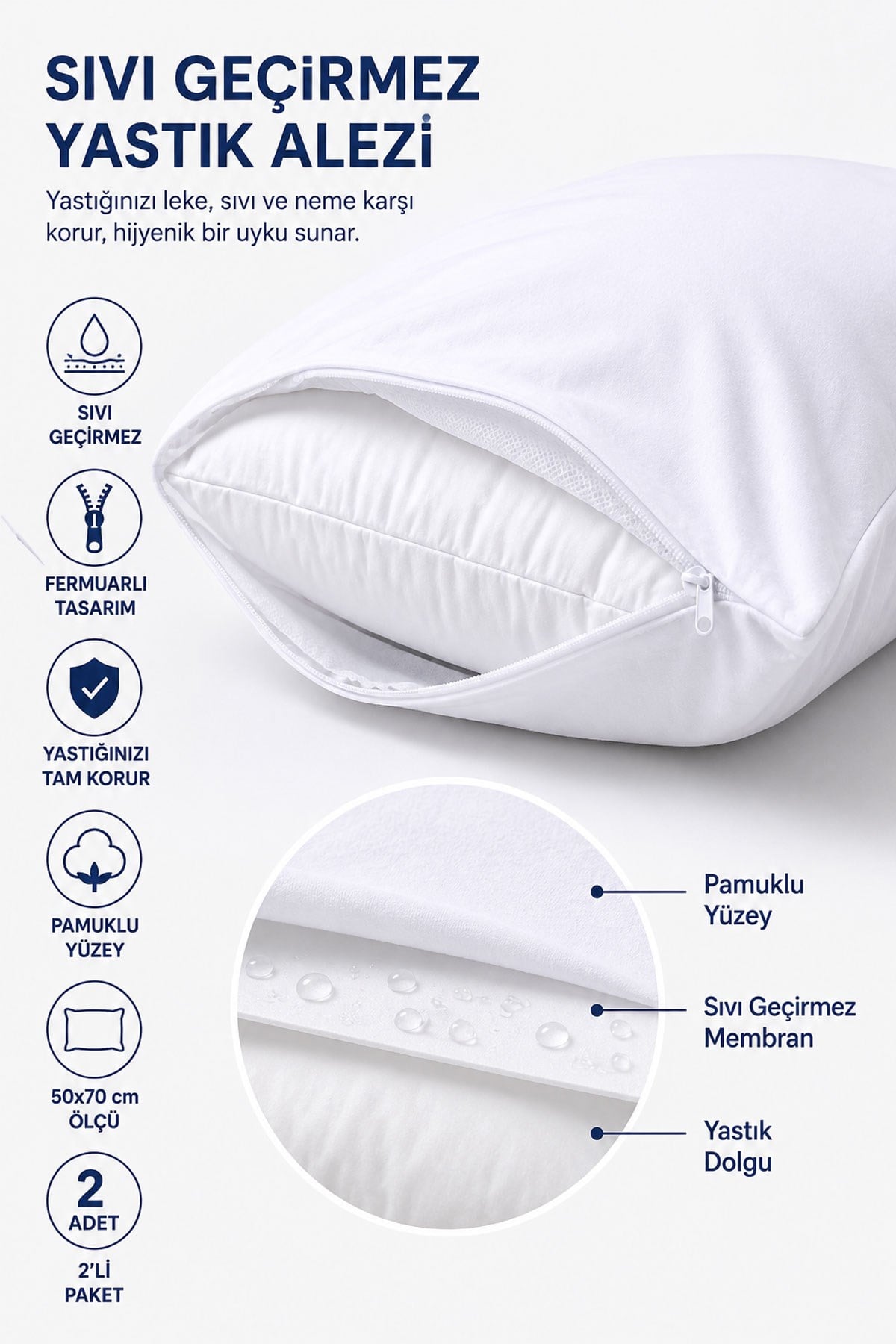 Sıvı Geçirmez Yastık Alezi 2'li 50x70 cm Pamuklu Fermuarlı PureSleep