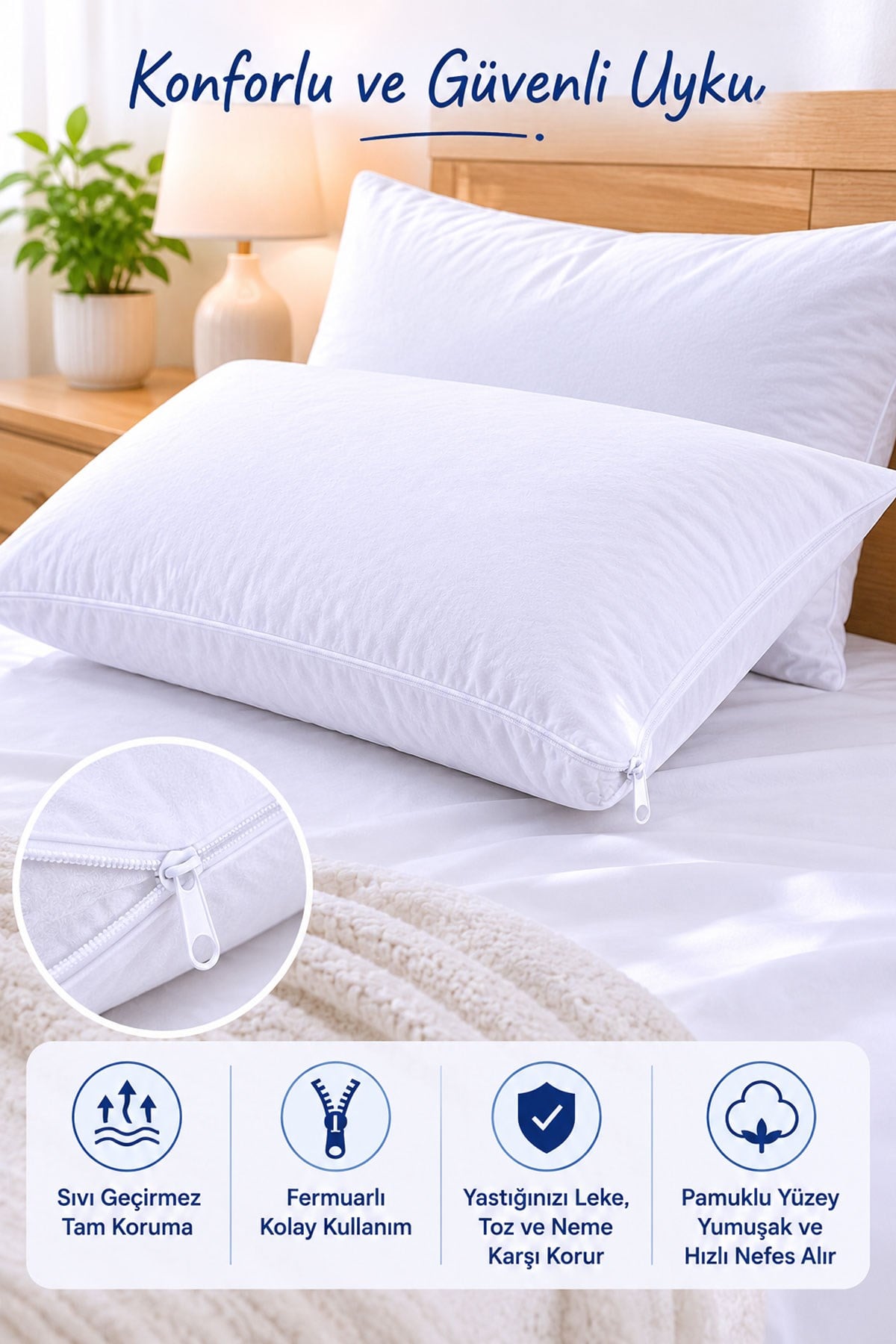 Sıvı Geçirmez Yastık Alezi 2'li 50x70 cm Pamuklu Fermuarlı PureSleep