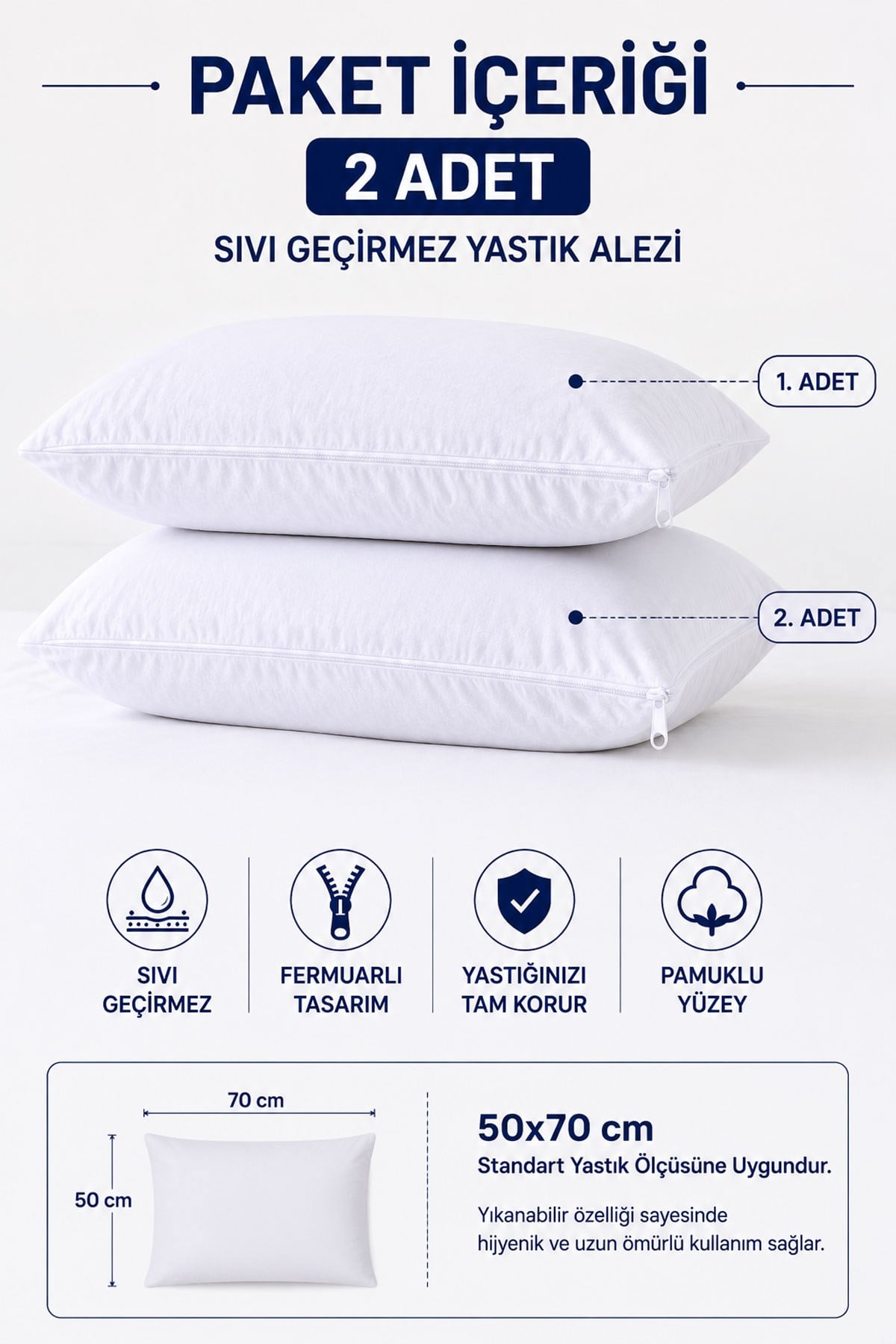 Sıvı Geçirmez Yastık Alezi 2'li 50x70 cm Pamuklu Fermuarlı PureSleep