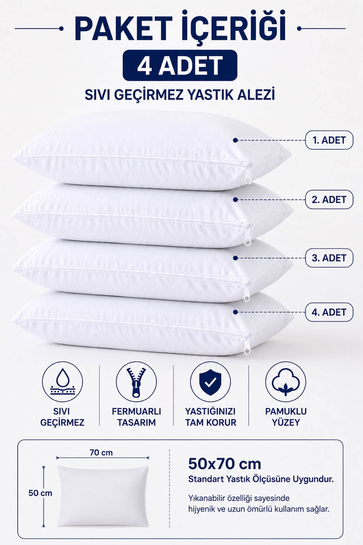 Sıvı Geçirmez Yastık Alezi 4'lü 50x70 cm Pamuklu Fermuarlı PureSleep