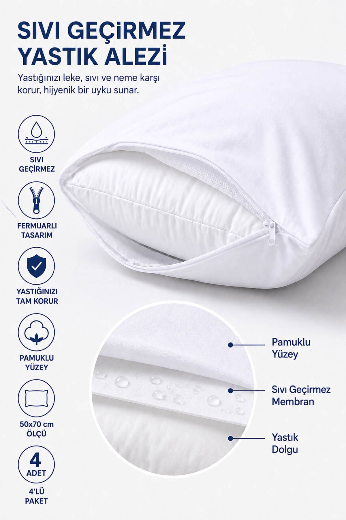 Sıvı Geçirmez Yastık Alezi 4'lü 50x70 cm Pamuklu Fermuarlı PureSleep