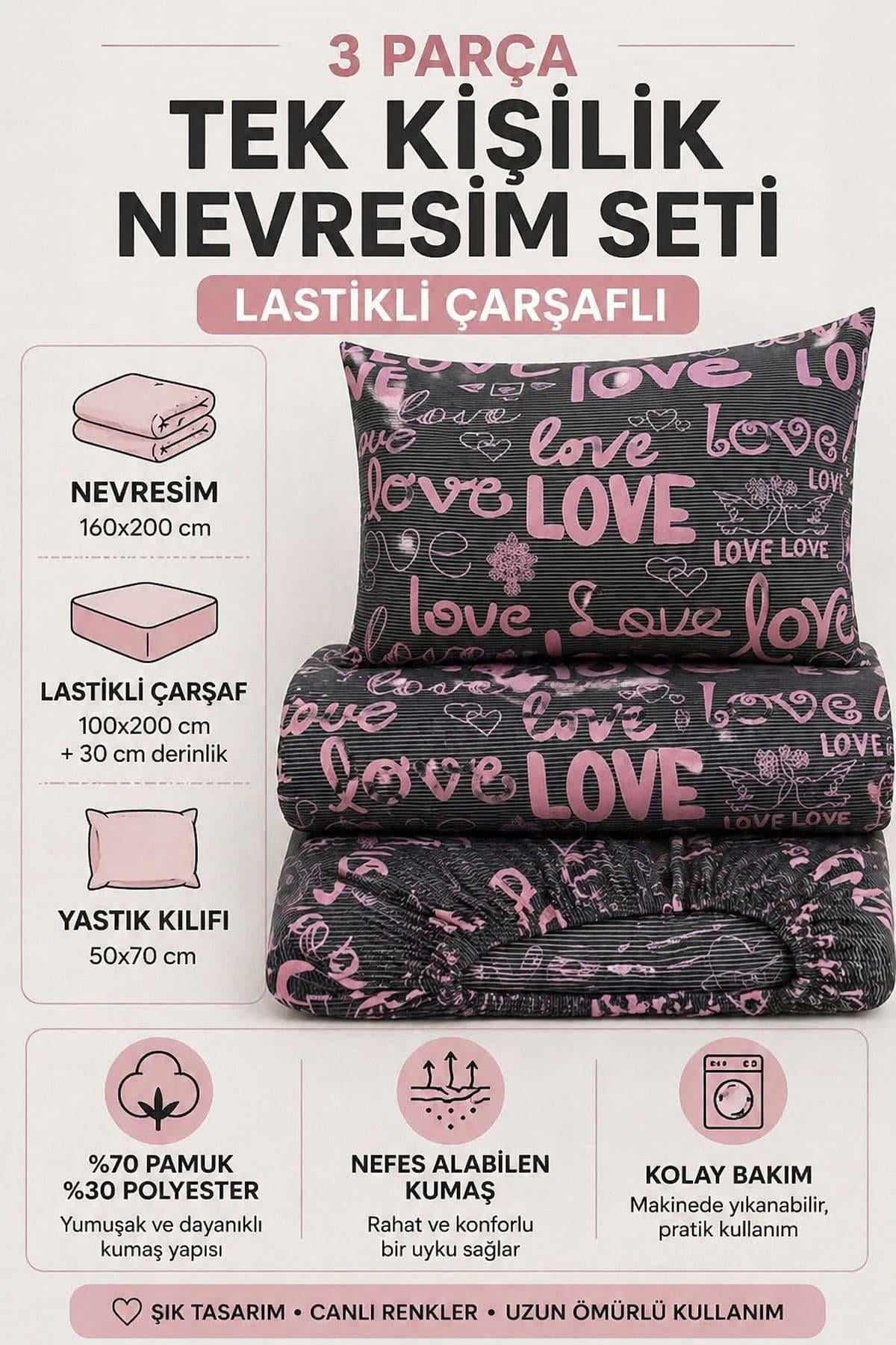 Tek Kişilik Nevresim Takımı Lastikli Çarşaflı Pamuklu Lovetime