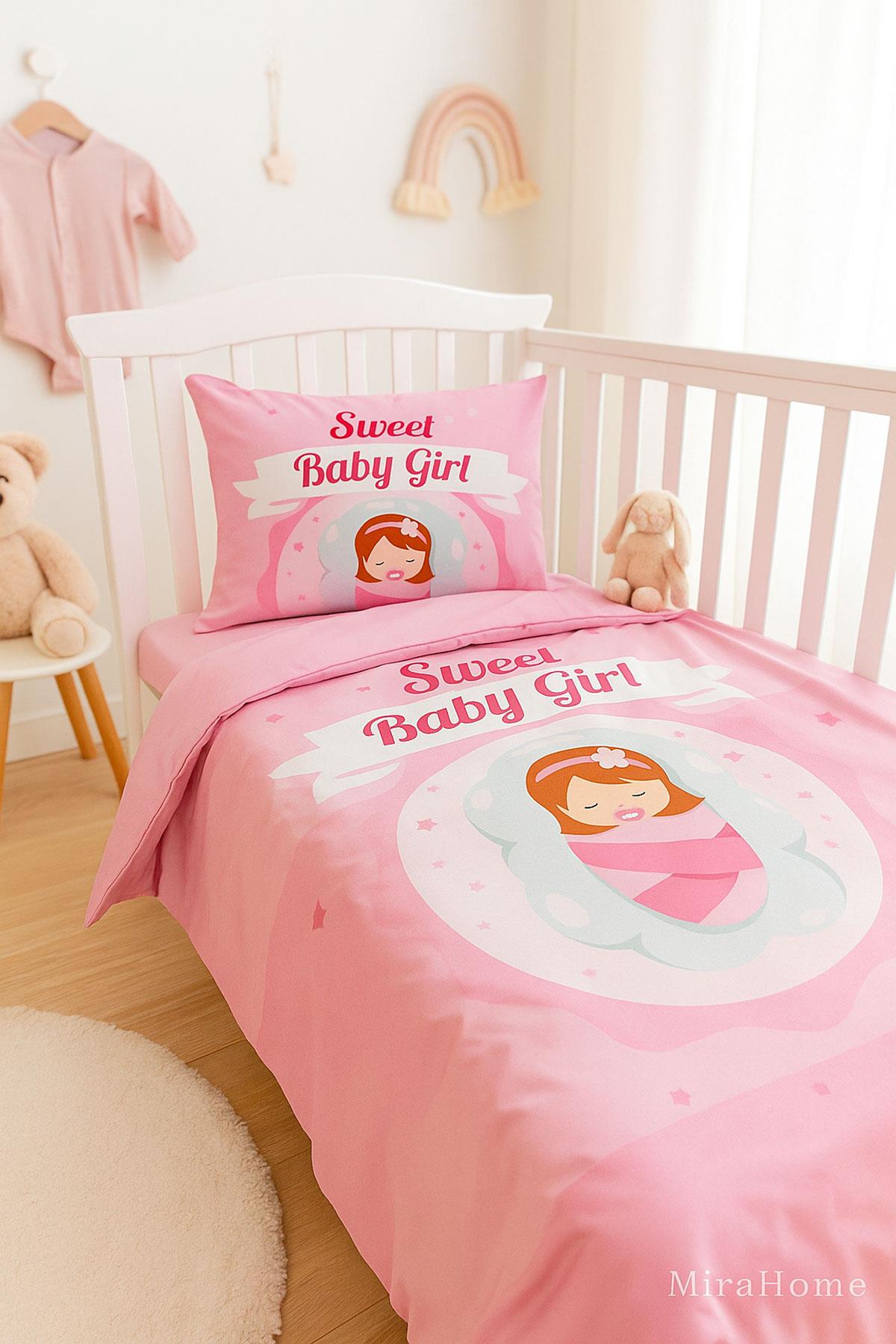 Yenidoğan Kız Bebek Nevresim Takımı 3D Pamuklu Sweet Baby Girl