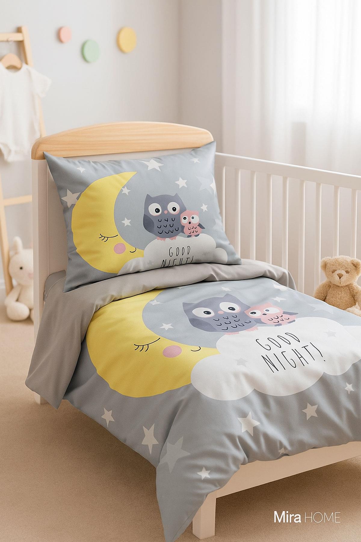 Yenidoğan Kız / Erkek Unisex Bebek Nevresim Takımı 3D Pamuklu Good Night Gri