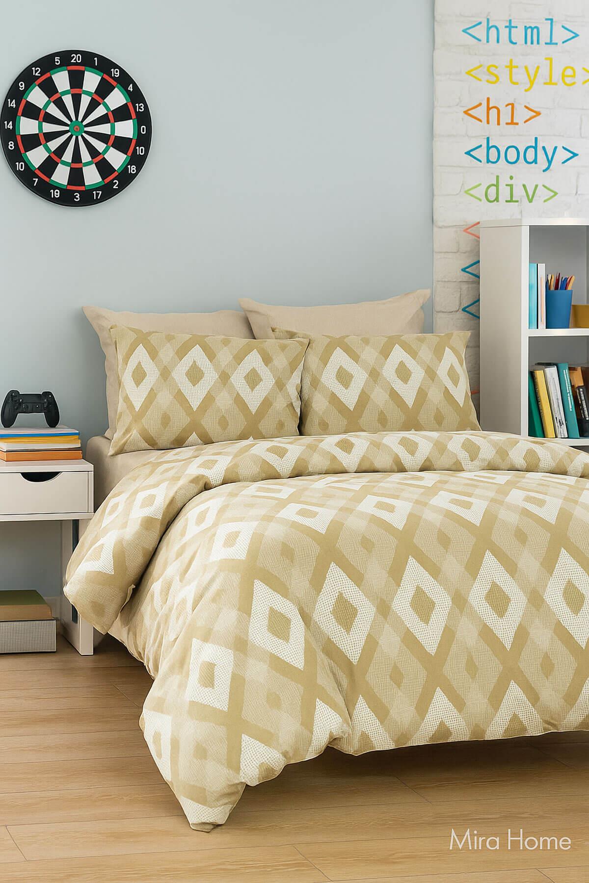 Zigzag Desenli Sarı Pamuklu Tek Kişilik Nevresim Takımı