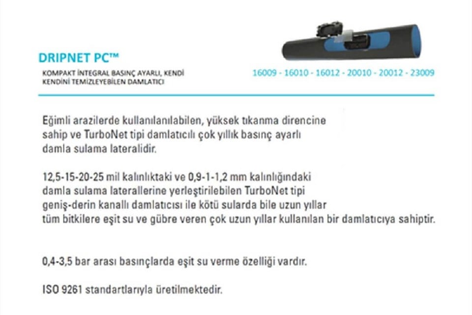 jetbahce.com-Netafim Dripnet PC 16 mm 40 cm 2.0 lt 500 mt Yuvarlak Damla Sulama Borusu Basınç Ayarlı