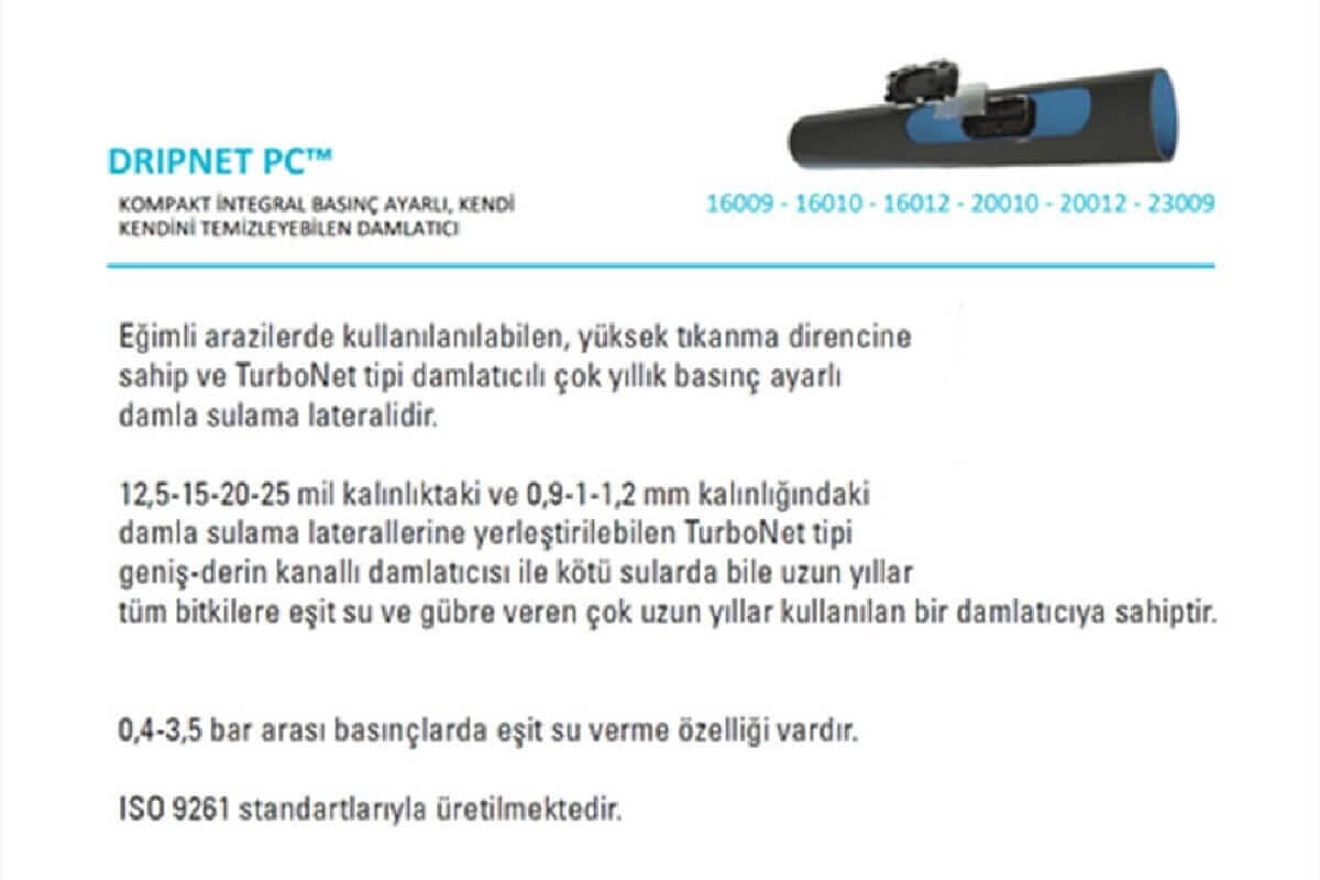 jetbahce.com-Netafim Dripnet PC 16 mm 40 cm 2.0 lt 500 mt Yuvarlak Damla Sulama Borusu Basınç Ayarlı