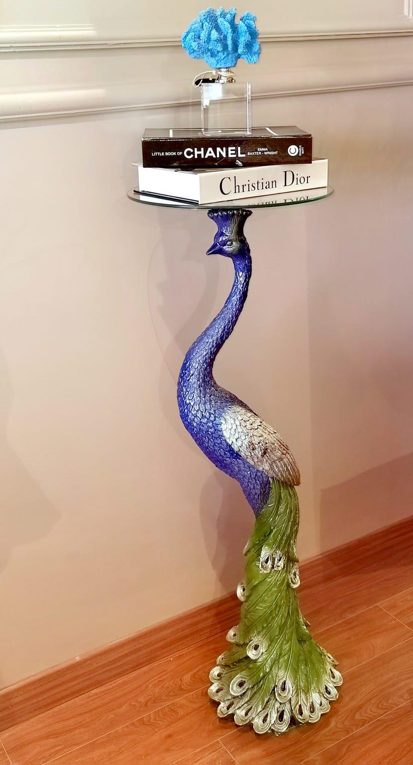 Crearthome Turkuaz Tavus Kuşu Heykeli Dekoratif Sehpa Yük:105 Gen:35 cm