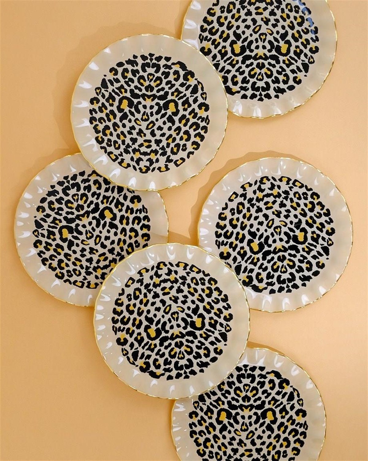 Glore Leopar Wavy Altın Yaldızlı 6 Kişilik Cam Pasta Tabağı Takımı 25098