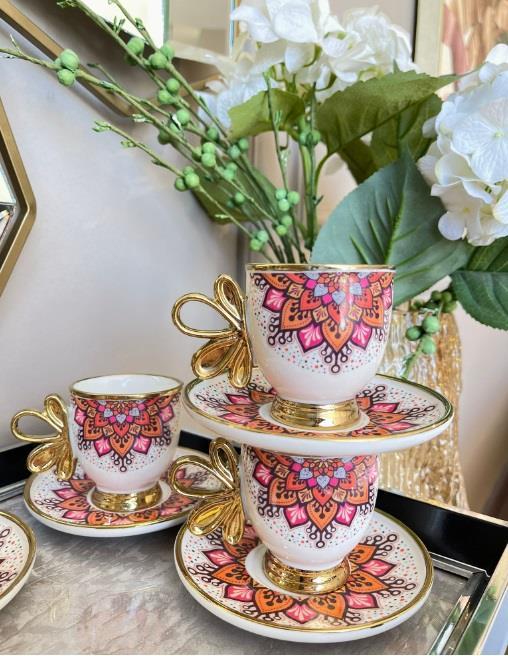 Royking Kante 6lı Kahve Fincan Takımı PEMBE TURUNCU BKY 003