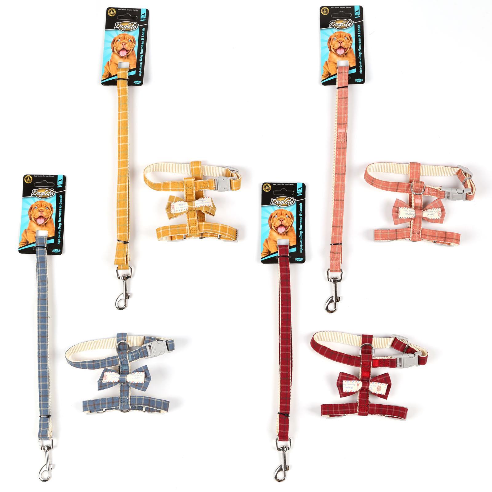Doglife Ekose Desenli Papyonlu Göğüs Tasması+Gezdirme (S)