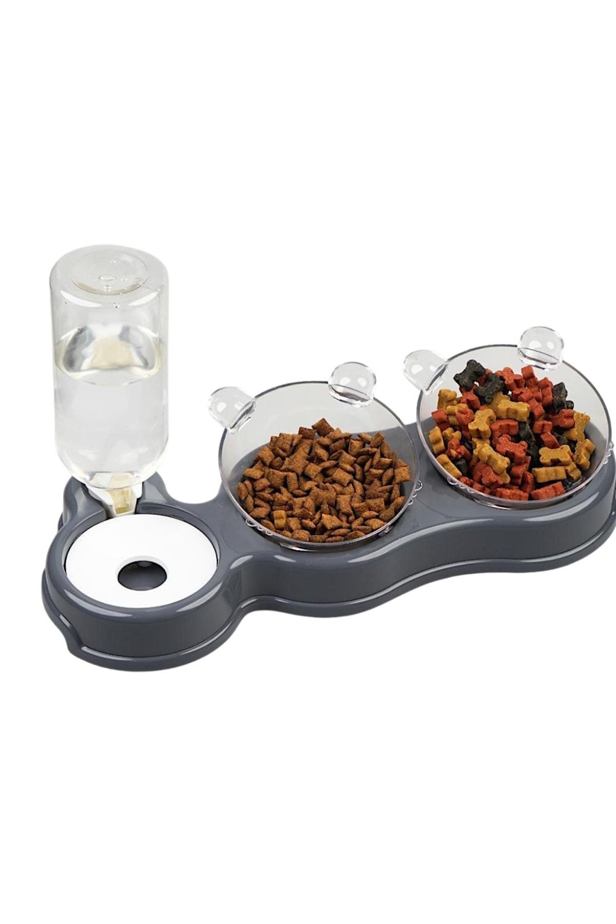 Glipet Çift Hazneli- 3' lü Beslenme Mama ve Su Kabı Gri 500ml 36*21*16 cm