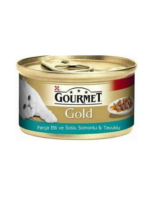 Gourmet Gold Parça Etli Soslu Somonlu ve Tavuklu Kedi Konservesi 85 gr
