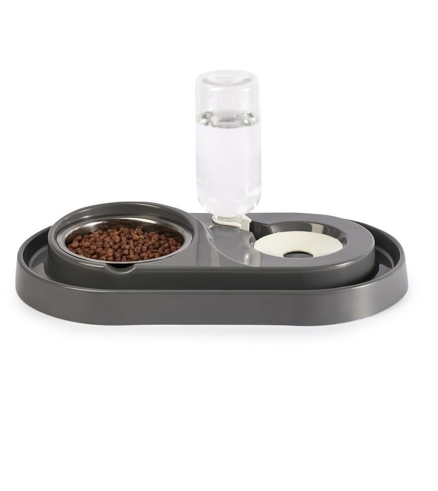 Miapet Çelik Taslı LÜX Hazneli Kedi-Köpek Mama Ve Su Kabı Seti 500ml Gri