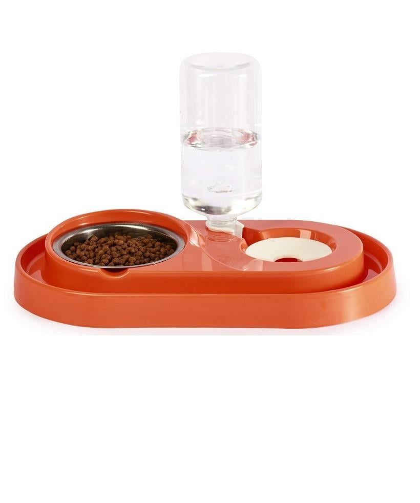 Miapet Çelik Taslı LÜX Hazneli Kedi-Köpek Mama Ve Su Kabı Seti 1000ml Turuncu