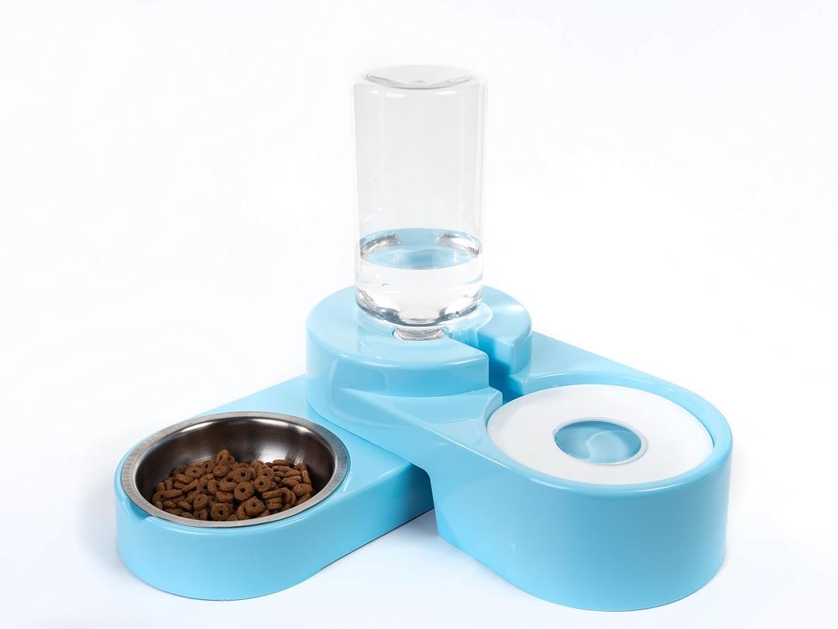 Miapet Köşeli Ayarlanabilir Hazneli Çelik Taslı Kedi-Köpek Mama Ve Su Kabı Seti 1000ml Turkuaz