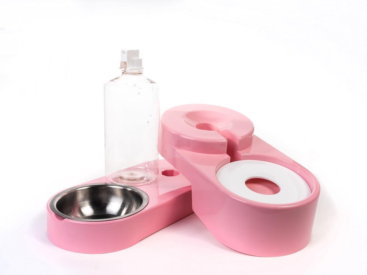 Miapet Köşeli Ayarlanabilir Hazneli Çelik Taslı Kedi-Köpek Mama Ve Su Kabı Seti 1000ml Pembe